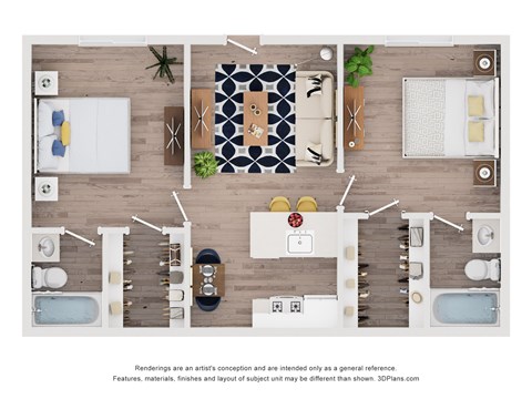 A top-down view of a modern bathroom with two sinks, a bathtub, and a shower.